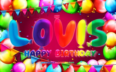 お誕生日おめでLovis, 4k, カラフルバルーンフレーム, Lovis名, 紫色の背景, Lovisお誕生日おめで, Lovis誕生日, 人気のスウェーデンの女性の名前, 誕生日プ, Lovis