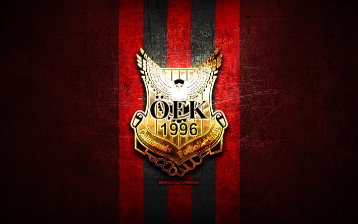 Ostersunds FC, kultainen logo, Premiere league, punainen metalli tausta, jalkapallo, Ostersunds FK, ruotsin football club, Ostersunds logo, Ruotsi