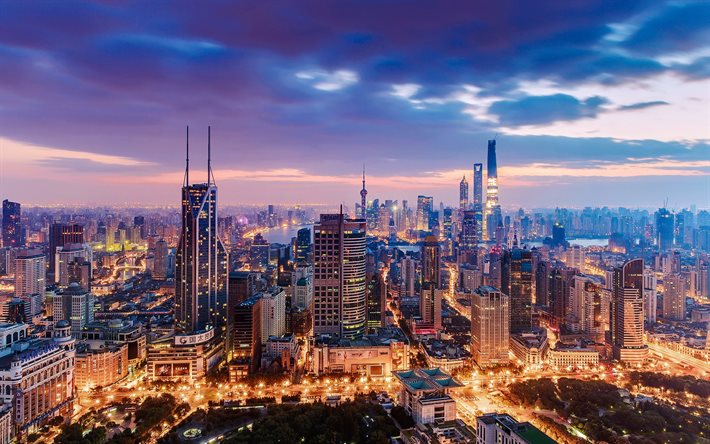 Shanghai, akşam, G&#252;n batımı, metropolis, modern şehir, Şehir, Şanghay şehir, ufuk &#231;izgisi, &#199;in