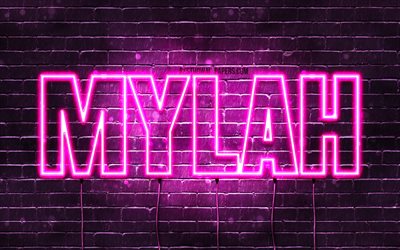 Mylah, 4k, fondos de pantalla con los nombres, los nombres femeninos, Mylah nombre, p&#250;rpura luces de ne&#243;n, Feliz Cumplea&#241;os Mylah, imagen con Mylah nombre