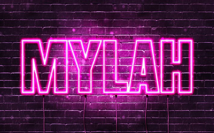 Mylah, 4k, tapeter med namn, kvinnliga namn, Mylah namn, lila neon lights, Grattis P&#229; F&#246;delsedagen Mylah, bild med Mylah namn