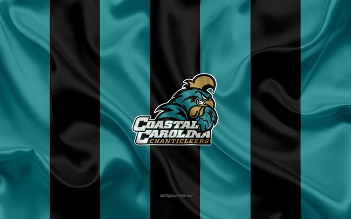 Coastal Carolina Chanticleers, Amerikansk fotboll, emblem, silk flag, turkos svart siden konsistens, NCAA, Coastal Carolina Chanticleers logotyp, Conway, South Carolina, USA