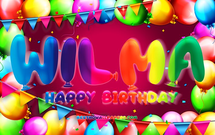 お誕生日おめでWilma, 4k, カラフルバルーンフレーム, Wilma名, 紫色の背景, Wilmaお誕生日おめで, Wilma誕生日, 人気のスウェーデンの女性の名前, 誕生日プ, Wilma