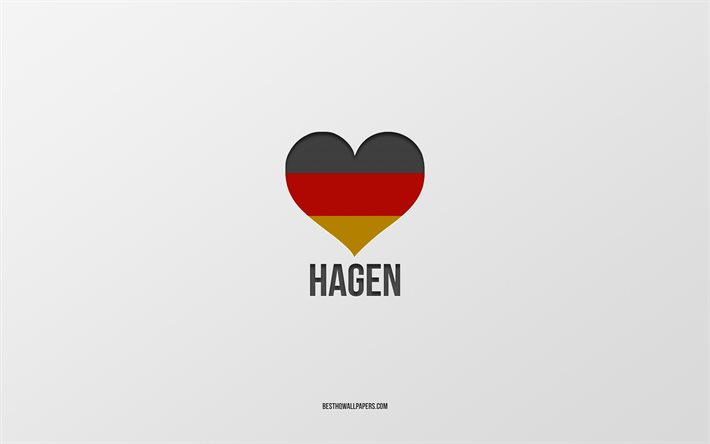 Hagen, Alman kentleri, gri arka plan, Almanya, Alman bayrağı kalp, sevdiğim şehirler, Aşk Hagen Seviyorum