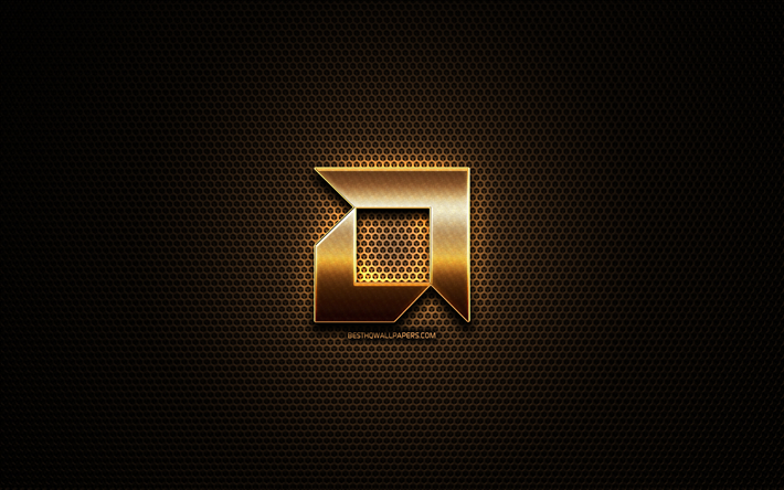 AMD glitter logo, creative, metal grid background, AMD logo, brands, AMD