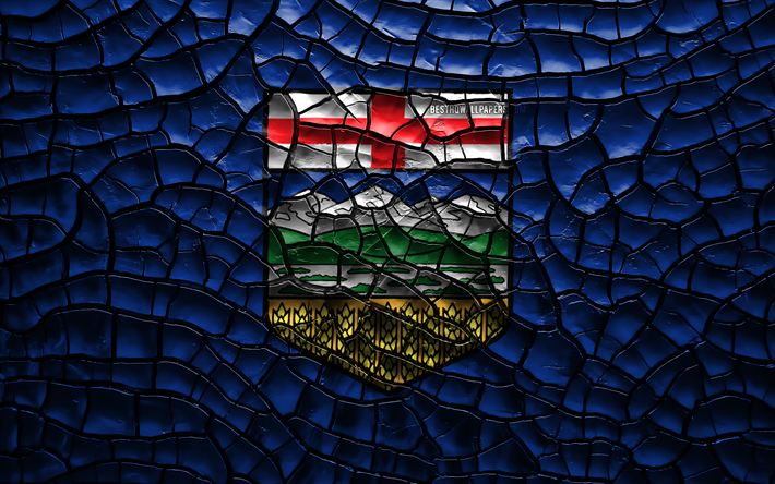 Flag of Alberta, 4k, canadian provinces, cracked soil, Canada, Alberta flag, 3D art, Alberta, Provinces of Canada, administrative districts, Alberta 3D flag, North America
