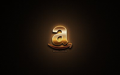 Amazon glitter logo, creative, metal grid background, Amazon logo, brands, Amazon
