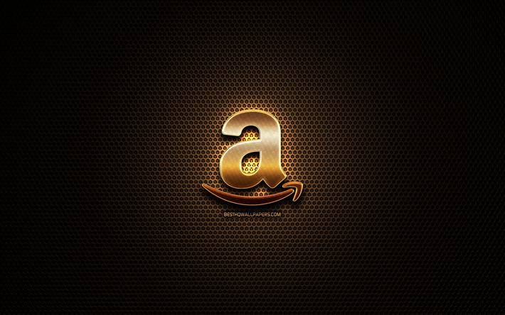Amazon logo glitter, creativo, griglia di metallo sfondo, Amazon logo, marchi, Amazon