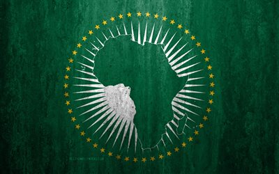 Flagga av Afrikanska Unionen, 4k, sten bakgrund, grunge flagga, Afrika, internationella organisationer, Afrikanska Unionens flagga, grunge konst, Afrikanska Unionen, sten struktur
