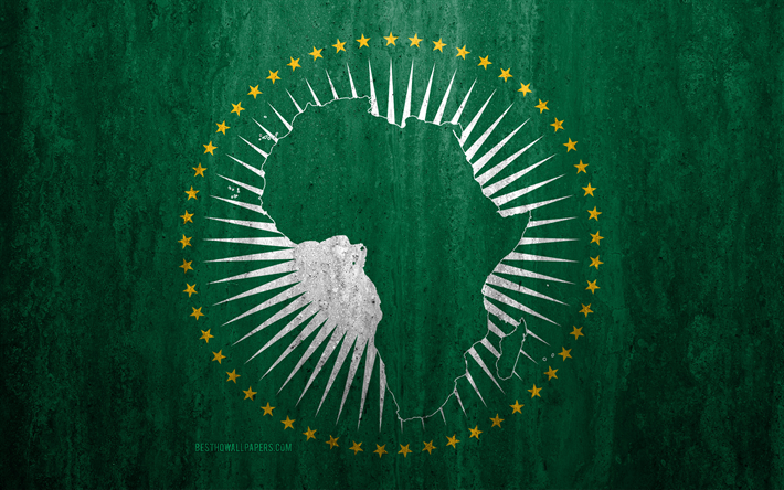 Afrika Birliği, 4k, taş arka plan, grunge bayrak, Afrika, uluslararası &#246;rg&#252;tler, Afrika Birliği bayrağı, grunge sanat, taş doku