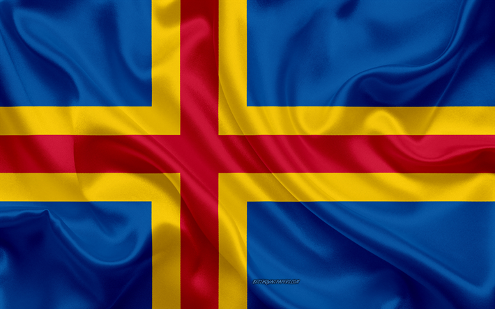 Bandera de las Islas Aland, 4k, bandera de seda, de seda, de textura, de las regiones de Finlandia, Islas Aland, Finlandia, Europa, Islas Aland bandera