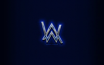 Alan Walker lasi logo, supert&#228;hti&#228;, sininen tausta, kuvitus, Alan Walker, musiikin t&#228;hdet, luova, Alan Walker-logo