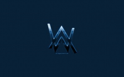 alan walker-logo, blauem metall-logo, blau-metallic mesh, kreative kunst, alan walker, wappen, marken