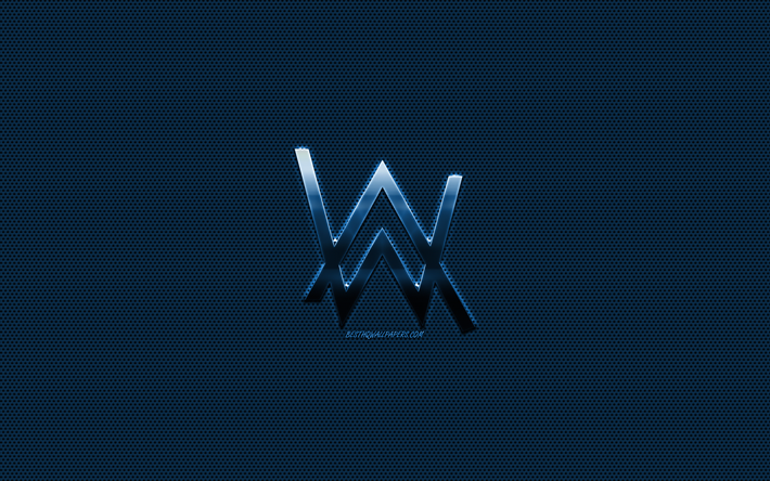 Alan Walker logotipo, azul logo de metal, azul malla de metal, arte creativo, Alan Walker, con el emblema de marcas