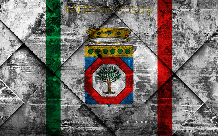Flagga av Apulien, 4k, grunge konst, rhombus grunge textur, Italienska regionen, Apulien flagga, Italien, nationella symboler, Apulien, regioner i Italien, kreativ konst
