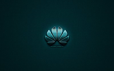 Huawei glitter logo, yaratıcı, mavi metal arka plan, Huawei logosu, marka, Huawei