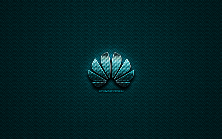 Huawei glitter logo, yaratıcı, mavi metal arka plan, Huawei logosu, marka, Huawei