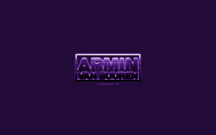 Armin van Buuren logotipo, p&#250;rpura logo de metal, de color p&#250;rpura de malla de metal, arte creativo, Armin van Buuren, emblema, marcas