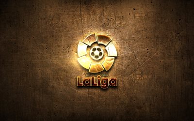 LaLiga golden logo, football leagues, artwork, La Liga, brown metal background, creative, LaLiga logo, brands, LaLiga