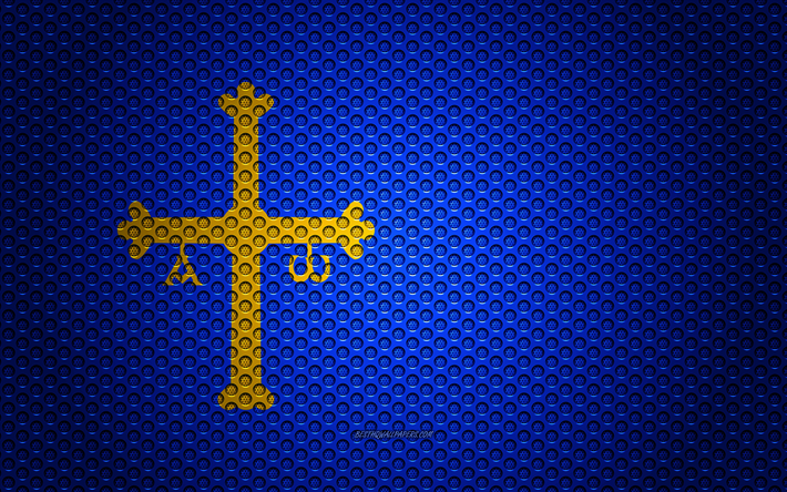 Flag of Asturias, 4k, creative art, metal mesh texture, Asturias flag, national symbol, provinces of Spain, Asturias, Spain, Europe