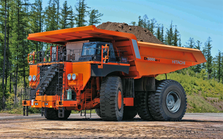 Hitachi EH 500 AC-3, 4k, mining truck, 2019 trucks, quarry, big truck, Hitachi, trucks, HDR, orange truck