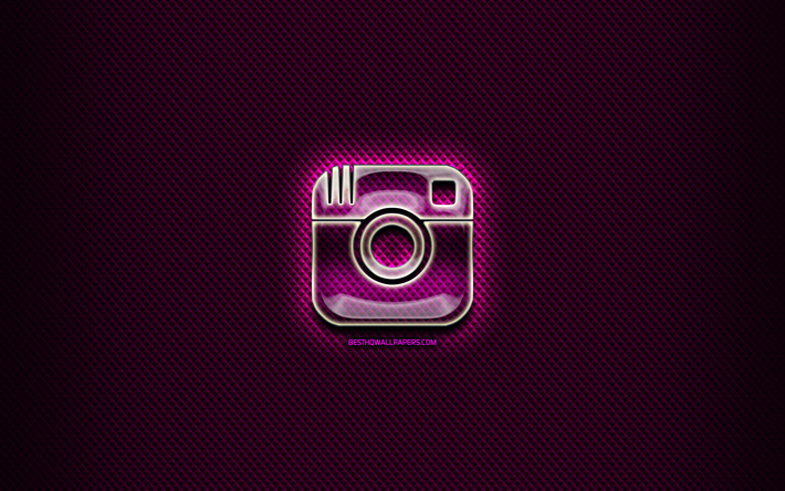 Instagram glass logo, purple background, artwork, brands, Instagram logo, creative, Instagram