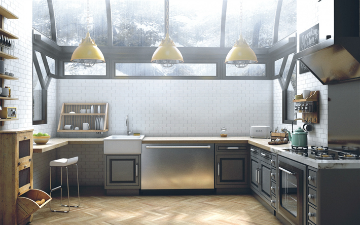 elegante cucina interna, stile loft, loft, stile, bianco, muro di mattoni, cucina, tondo giallo lampade, arredamento di design
