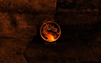Mortal Kombat fiery logo, orange stone background, Mortal Kombat, creative, Mortal Kombat logo, brands
