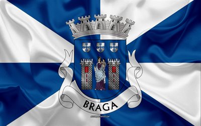 フラグのブラガ地区, 4k, 絹の旗を, シルクの質感, ブラガ地区, ポルトガル, ブラガ地区フラグ, 地域のポルトガル