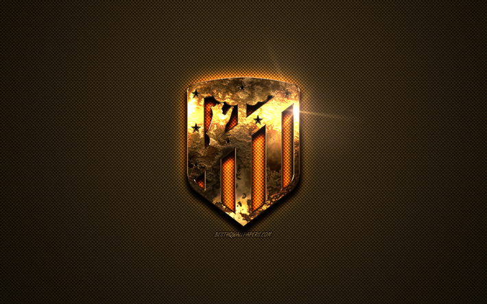 O Atl&#233;tico De Madrid, ouro logotipo, Clube de futebol espanhol, emblema de ouro, Madrid, Espanha, A Liga, ouro textura de fibra de carbono, futebol
