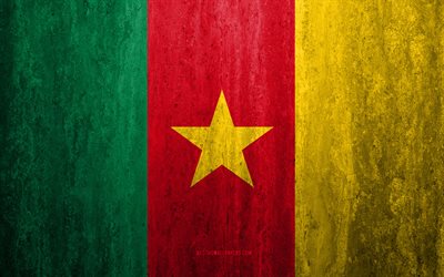 Flag of Cameroon, 4k, stone background, grunge flag, Africa, Cameroon flag, grunge art, national symbols, Cameroon, stone texture