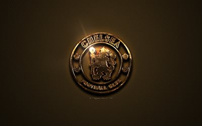 Chelsea FC, golden logo, English football club, golden emblem, London, England, Premier League, golden carbon fiber texture, football, Chelsea logo
