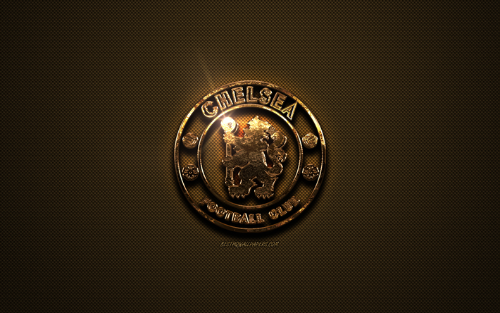 Chelsea FC, golden logo, English football club, golden emblem, London, England, Premier League, golden carbon fiber texture, football, Chelsea logo
