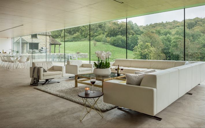 stylish interior, living room, country house, beige concrete floor, loft style, large glass windows, modern interior design