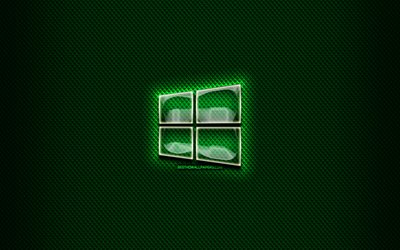 Windows 10 cam logo, yeşil arka plan, OS, resimler, markalar, Windows 10 logo, yaratıcı, 10 Windows