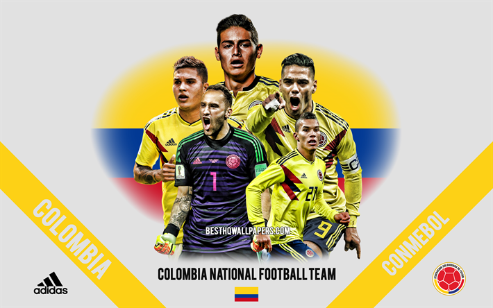 Colombia landslaget, grupp-ledare, CONMEBOL, Colombia, Sydamerika, fotboll, logotyp, emblem, James Rodriguez, Radamel Falcao, David Ospina