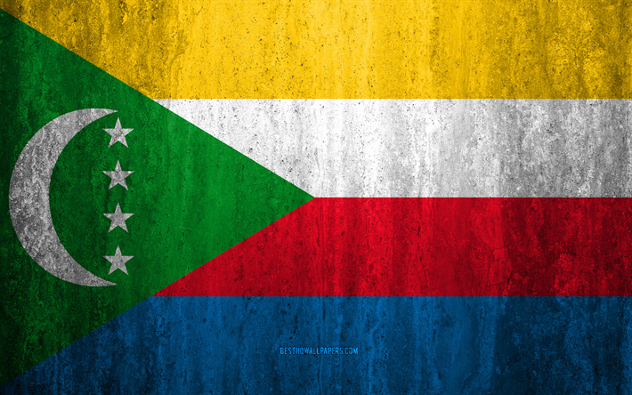 Bandiera delle Comore, 4k, pietra, sfondo, grunge, bandiera, Africa, Comore, arte, simboli nazionali, pietra texture
