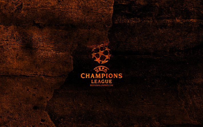 UEFA Champions League brinnande logotyp, orange sten bakgrund, UEFA Champions League, kreativa, UEFA Champions League-logotyp, fotbollsligorna