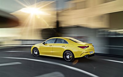 2020, Mercedes-AMG CLA35, dikiz, dış, yeni sarı CLA35, Alman otomobil, sedan, Mercedes