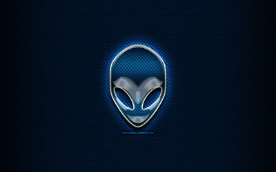 alienware glas-logo, creative, blau abstrakten hintergrund -, alienware -, marken -, grafik -, alienware-logo