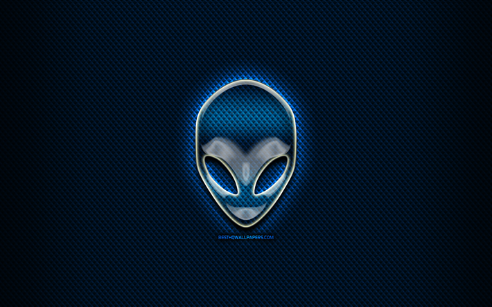 Alienware glass logo, creative, blue abstract background, Alienware, brands, artwork, Alienware logo
