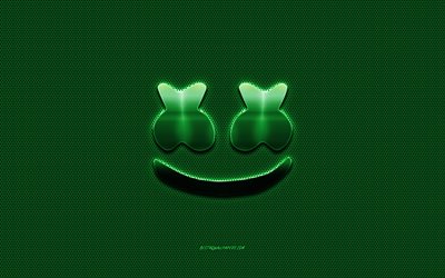 Marshmello logo, green metal logo, green metal mesh, American DJ, creative art, Marshmello, emblem, brands