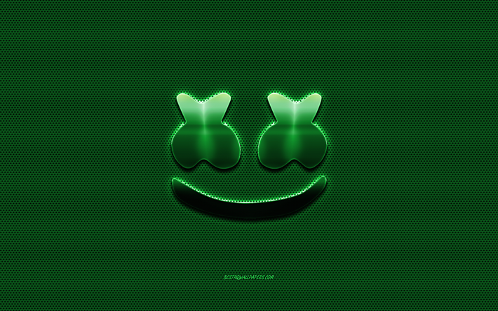 Marshmello logo, green metal logo, green metal mesh, American DJ, creative art, Marshmello, emblem, brands