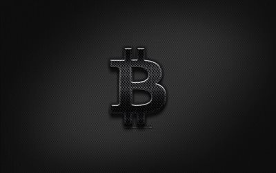 Bitcoin musta logo, luova, kryptovaluutta, metalli ruudukon tausta, Bitcoin-logo, merkkej&#228;, Bitcoin