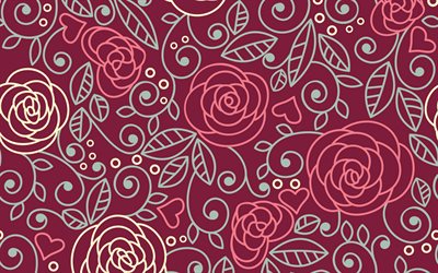 ruusut retro tekstuuri, retro tausta ruusut, viininpunainen kukkia retro tekstuuri, ruusut retro tausta