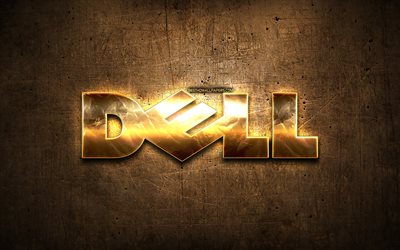 Dell golden logo, artwork, gold letters, brown metal background, creative, Dell logo, brands, Dell