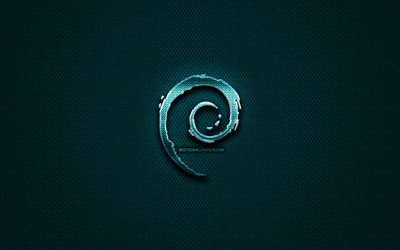 Debian glitter logo, creative, blue metal background, Debian logo, brands, Debian