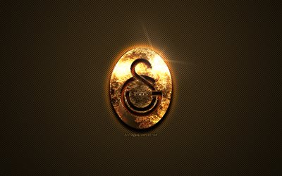 Galatasaray SK, golden logo, Turkish football club, golden emblem, Istanbul, Turkey, Super League, golden carbon fiber texture, football, Galatasaray logo