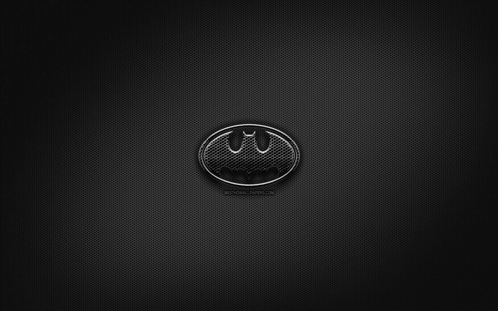 Batman black logo, creative, superheroes, metal grid background, Batman logo, artwork, Batman