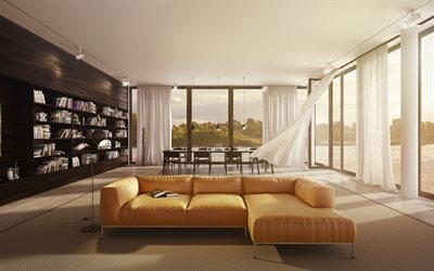 living room, stylish interior design, orange large leather sofa, minimalism, modern interior design